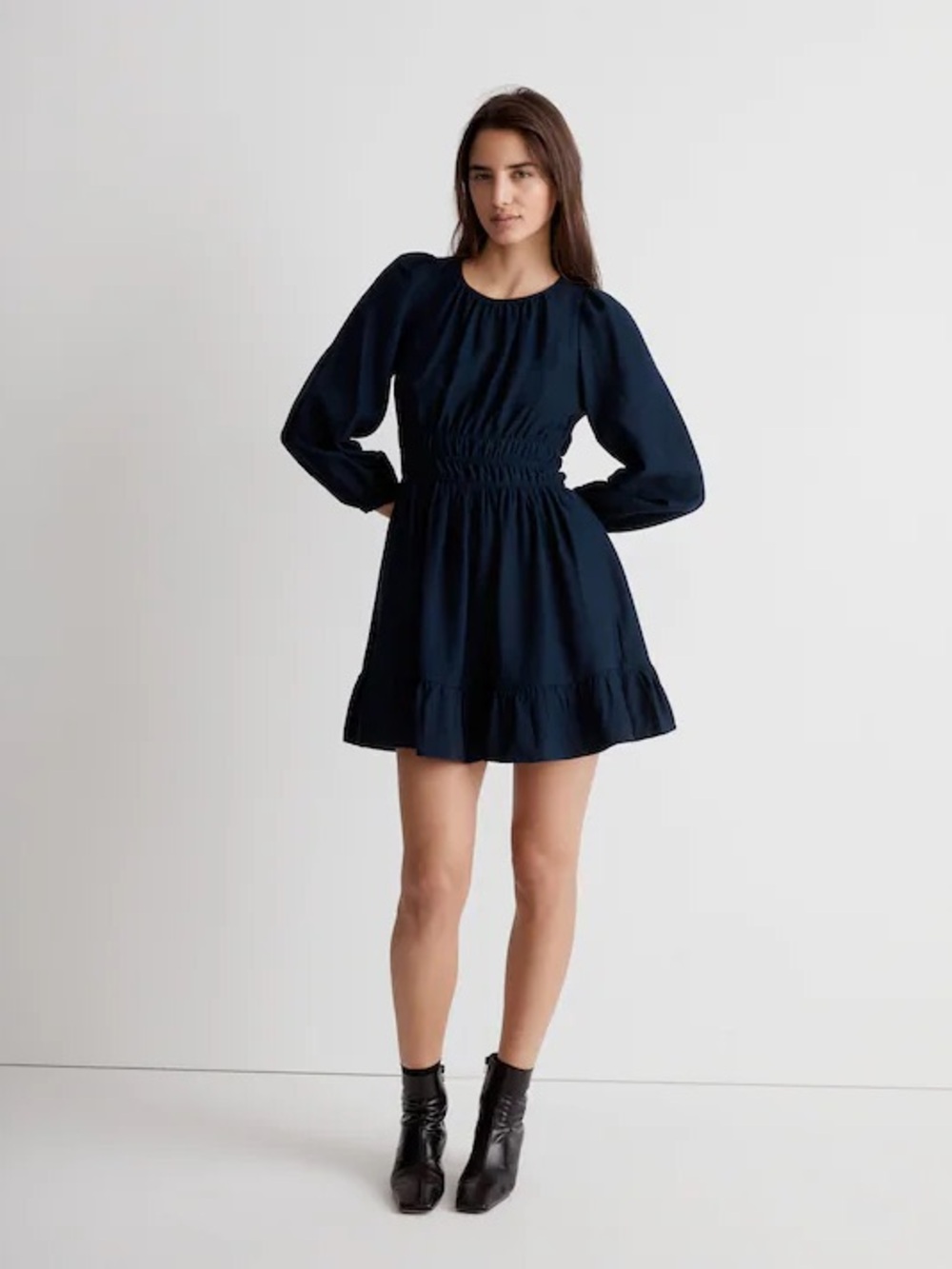 Madewell Navy Long-Sleeve Smocked Waist Mini Dress